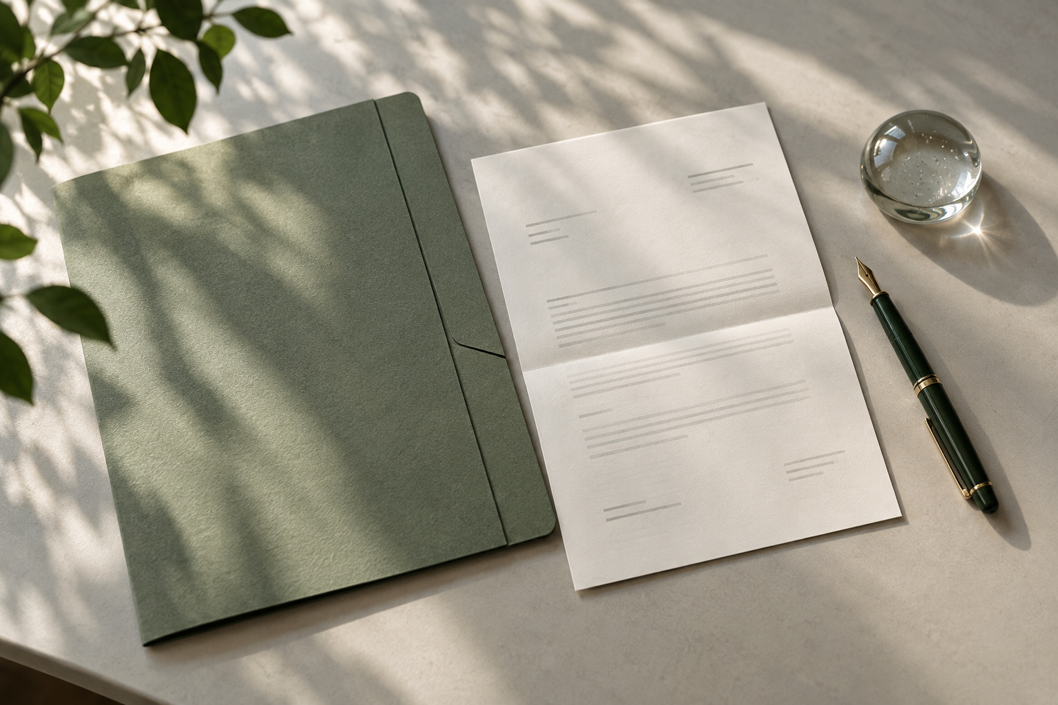Green document folder beside a paper statement and fountain pen